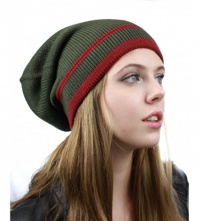 Skullies & Beanies Trendy Baggy Slouchy & Comfort Knitted Daily Beanie Hat w/Stripe - Olive/Burg - CJ12HPYECE5 $12.16