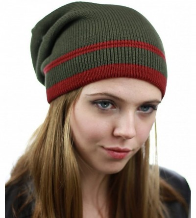 Skullies & Beanies Trendy Baggy Slouchy & Comfort Knitted Daily Beanie Hat w/Stripe - Olive/Burg - CJ12HPYECE5 $12.16