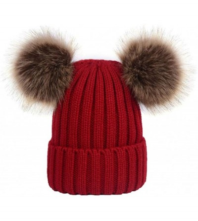 Skullies & Beanies Winter Women's Winter Knit Wool Beanie Hat with Double Faux Fur Pom Pom Ears - Winered - C5186R0Q463 $23.87