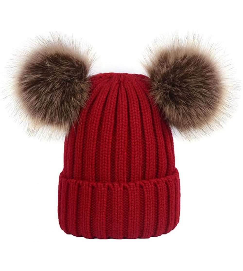 Skullies & Beanies Winter Women's Winter Knit Wool Beanie Hat with Double Faux Fur Pom Pom Ears - Winered - C5186R0Q463 $13.93