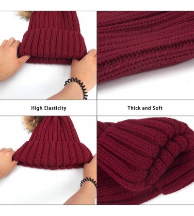 Skullies & Beanies Winter Women's Winter Knit Wool Beanie Hat with Double Faux Fur Pom Pom Ears - Winered - C5186R0Q463 $13.93