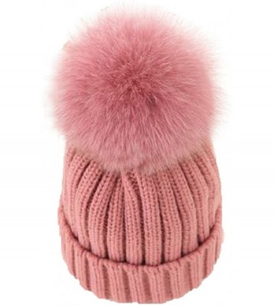 Skullies & Beanies Womens Knitted Hat Fox Fur Pom Pom Warm Slouchy Beanie Cap - Pink - CA188N5U5EH $37.76