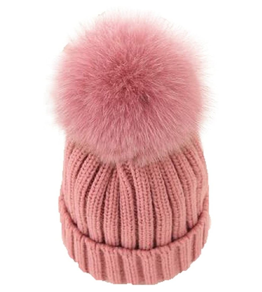 Skullies & Beanies Womens Knitted Hat Fox Fur Pom Pom Warm Slouchy Beanie Cap - Pink - CA188N5U5EH $16.06
