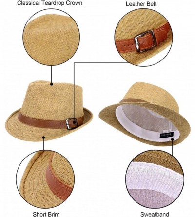 Fedoras Panama Style Trilby Fedora Straw Sun Hat with Leather Belt - Khaki - CT12IOFZQYJ $18.49