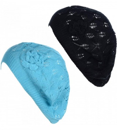 Berets Open Weave Womens Crochet Mesh Beanie Hat Flower Fashion Soft Knit Beret Cap - 2680bkblu - CP194WX6M83 $16.15