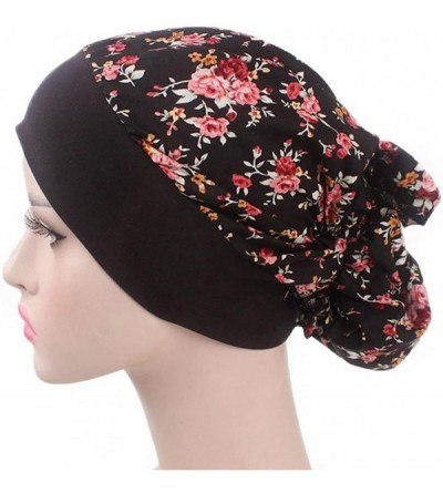 Skullies & Beanies Women's Muslim Floral Print Scarf Hat Stretch Turban Headwear for Cancer Chemo - Black - CG18G7AKU4X $20.69