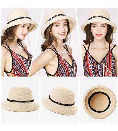 Sun Hats Womens Wide Roll Up Brim Packable Straw Sun Cloche Hat Fedora Summer Beach 55-58cm - Beige_00010 - CM18QEWED6S $17.73