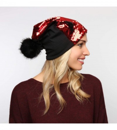 Skullies & Beanies Sparkly Double Sided Sequin Slouchy Beanie for Winter- Cozy and Oversized with Faux Fur Pom Pom - Red - CH...