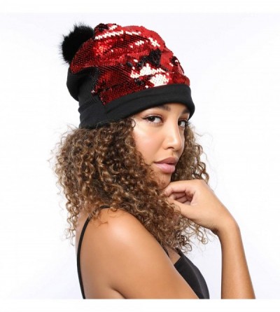 Skullies & Beanies Sparkly Double Sided Sequin Slouchy Beanie for Winter- Cozy and Oversized with Faux Fur Pom Pom - Red - CH...
