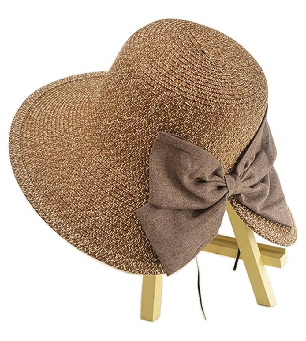 Sun Hats Women Elegant Bowknot Floppy Beach Straw Hats Wide Brim Packable Sun Cap - Bowknot Coffee - C118EZNI7Y0 $12.65