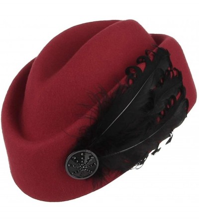 Berets Women Vintage Wool Felt Beret Hat Stewardess Style Feather Fascinator Pillbox Hat Wedding Cocktail Party - Red - CH18N...