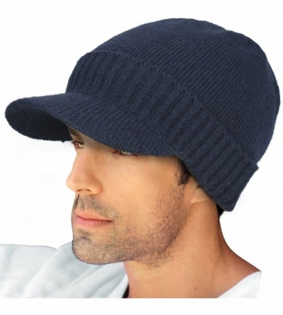 Skullies & Beanies Men's Wool Blend Visor Beanie Cap- Velour Fleece Lined - Solid - Navy Blue - C8186OTZ34S $22.47