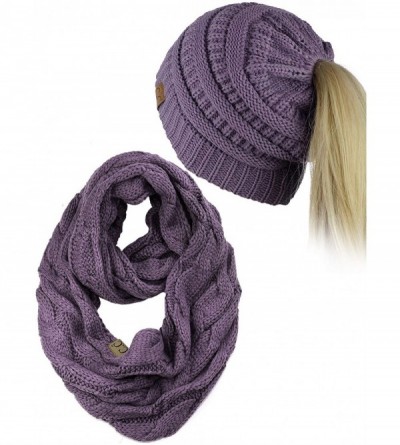 Skullies & Beanies BeanieTail Messy High Bun Cable Knit Beanie and Infinity Loop Scarf Set - Violet - CQ18KHC6O3Y $24.03