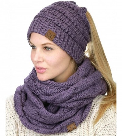 Skullies & Beanies BeanieTail Messy High Bun Cable Knit Beanie and Infinity Loop Scarf Set - Violet - CQ18KHC6O3Y $24.03