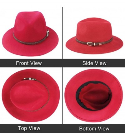 Fedoras Wool Fedora Hat-Women's Wide Brim Felt Panama Crushable Vintage Trilby with Leather Band - A2-red - C91868MTACX $9.40