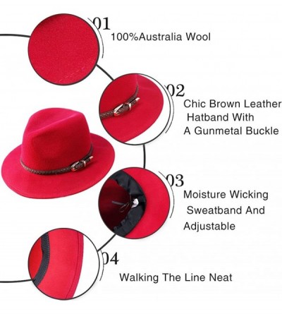 Fedoras Wool Fedora Hat-Women's Wide Brim Felt Panama Crushable Vintage Trilby with Leather Band - A2-red - C91868MTACX $9.40