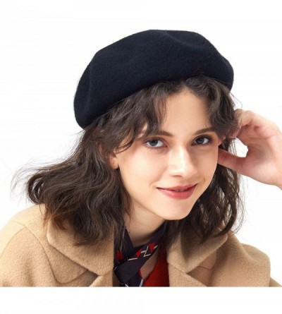 Berets 100% Wool French Beret for Women Classic Solid Color Artist Beret Knitted Cap - Black - CK18A2XUHD8 $8.84