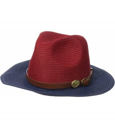 Fedoras Women's Straw Brim Hat with Leather Strap - Dark Blue/Red - C511VMS3XOV $22.61