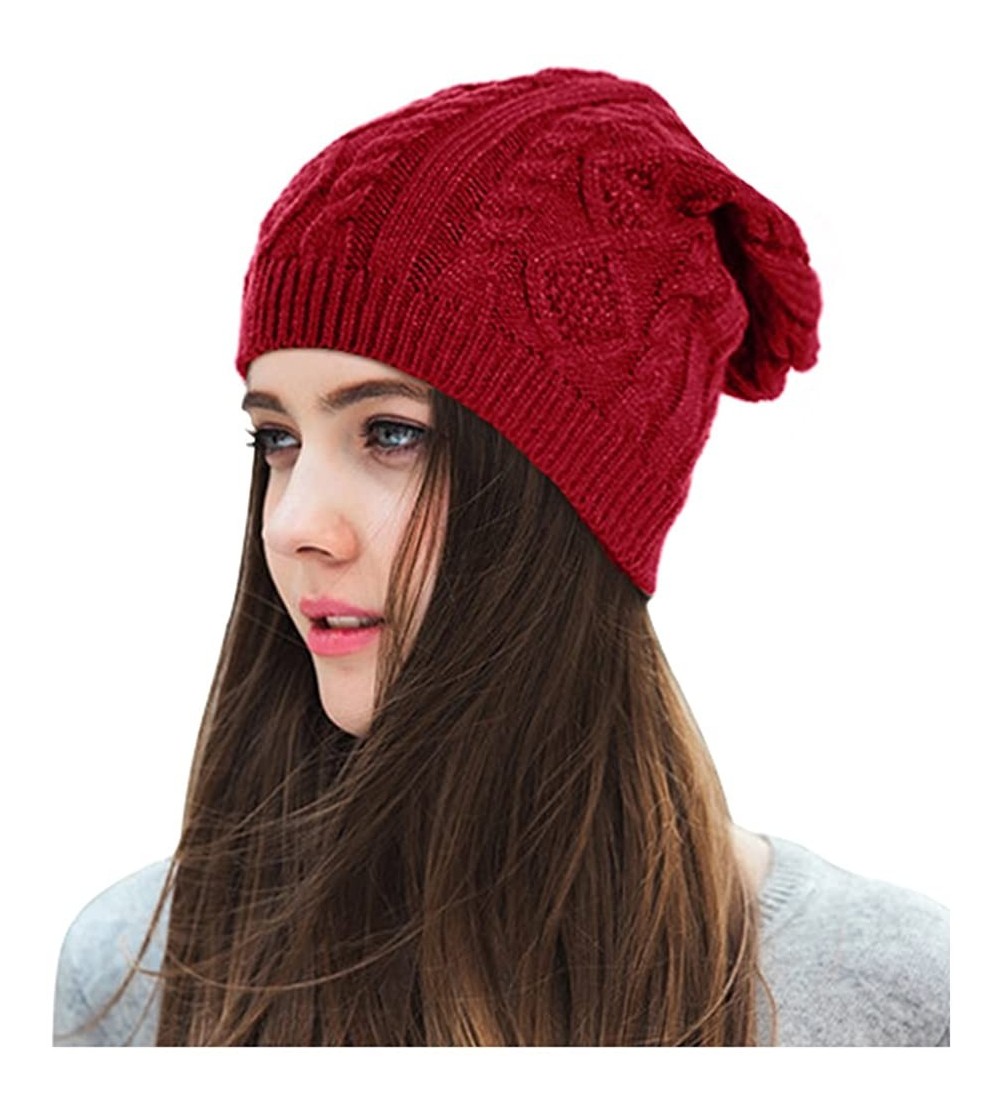Skullies & Beanies Chunky Knit Beanie Stretch Unisex Braided Cable Slouchy Winter Hats Skip Cap - Dates Red - C8187EYEM9I $7.56