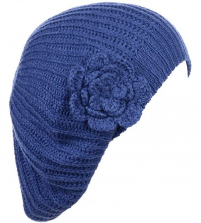 Berets Womens Fall Winter Ribbed Knit Beret Double Layers with Flower - Denim - CA18U7KYR09 $15.43