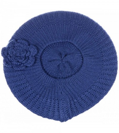 Berets Womens Fall Winter Ribbed Knit Beret Double Layers with Flower - Denim - CA18U7KYR09 $15.43
