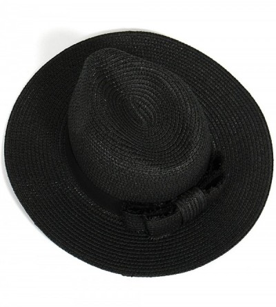Sun Hats Beach Sun Hats for Women Large Sized Paper Straw Wide Brim Summer Panama Fedora - Sun Protection - Ribbon Black - CH...
