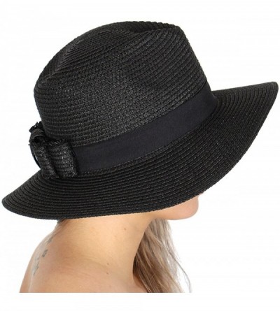 Sun Hats Beach Sun Hats for Women Large Sized Paper Straw Wide Brim Summer Panama Fedora - Sun Protection - Ribbon Black - CH...