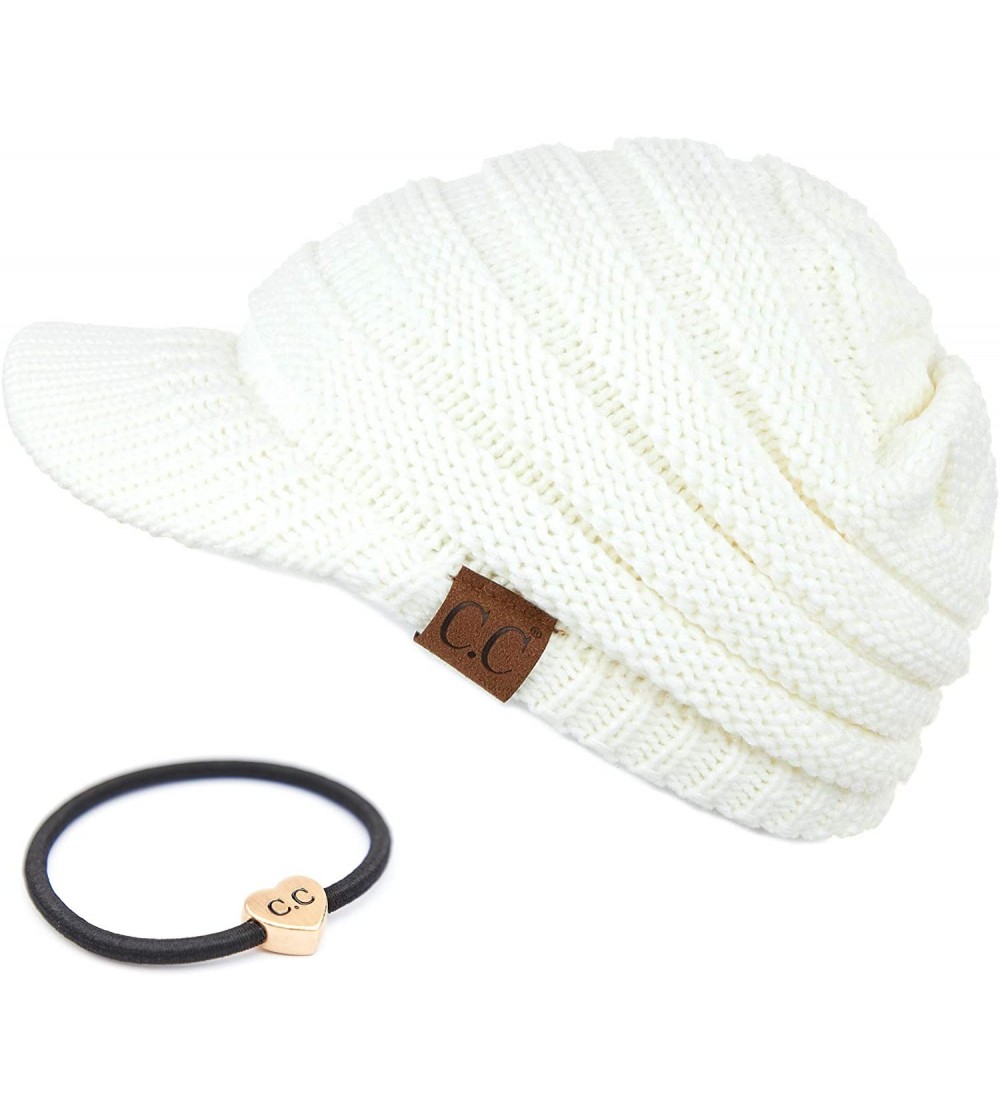 Skullies & Beanies Hatsandscarf Exclusives Women's Ribbed Knit Hat with Brim (YJ-131) - Ivory With Ponytail Holder - CC18XKN6...