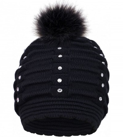 Skullies & Beanies Womens Faux Fur Pompom Knit Winter Beanie Hat w/Sequins - Black - CC18953TKAM $8.68