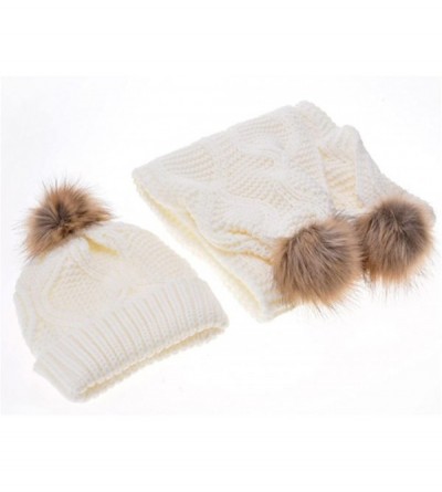 Skullies & Beanies Women Girls Cable Knit Beanie Skully Cap Warm Soft Pom Pom Hat Scarf Set - White - CH18ASE3D6S $17.36
