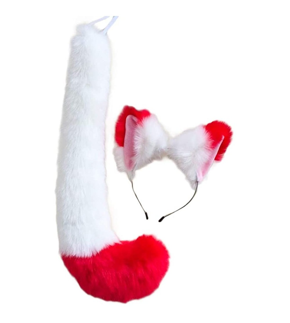 Headbands Party Cosplay Costume Fox Ears Faux Fur Hair Hoop Headband + Tail Set - A7 White Red - CG18XS76NTQ $16.08
