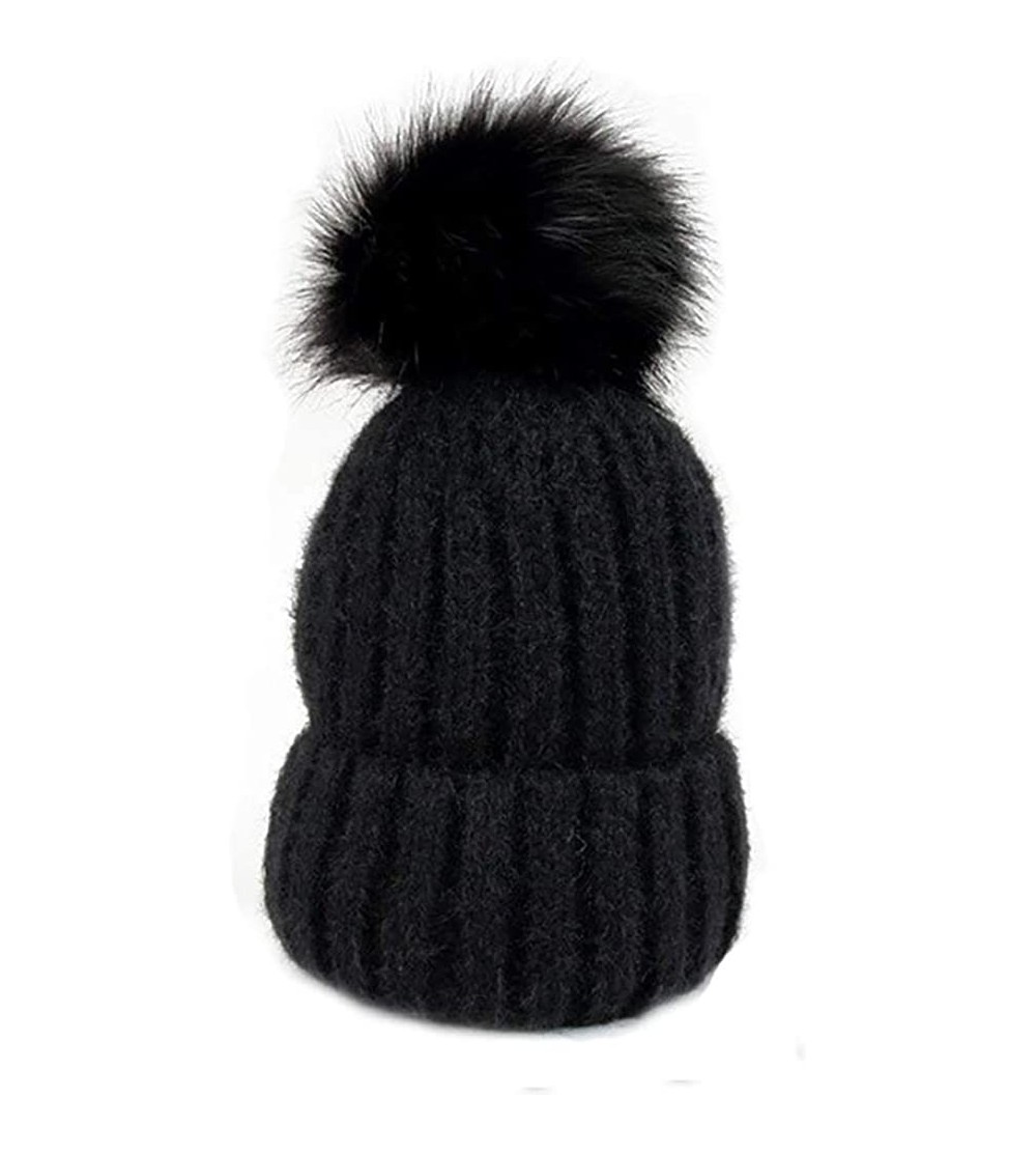 Skullies & Beanies Women's Soft Fuzzy Ribbed Beanie with Faux Fur Pompom Accent - Black - CU18IDNKY0T $7.96