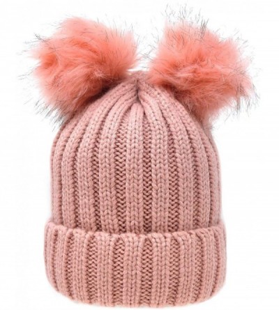 Skullies & Beanies Women's Winter Trendy Warm Knit Beanie Hat with Pom Pom Ears - W/ Lining Pink - CT18IHGMCW5 $11.23