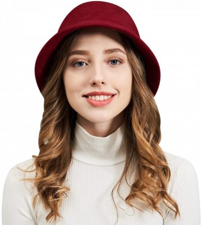 Bucket Hats Women Winter Wool Felt Bucket Hat with Multiple Solid Colors - Burgundy - C018N7IWTHL $20.53