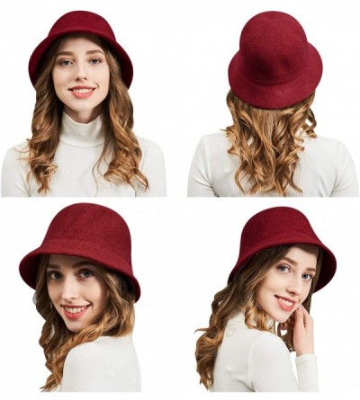 Bucket Hats Women Winter Wool Felt Bucket Hat with Multiple Solid Colors - Burgundy - C018N7IWTHL $20.53