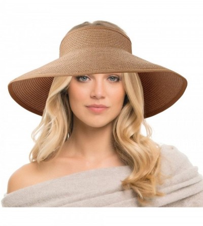 Visors Straw Visors for Women- Summer Foldable Wide Brim Beach Sun Visor Hat Roll Up - Khaki - CF18SYCIIXY $11.42