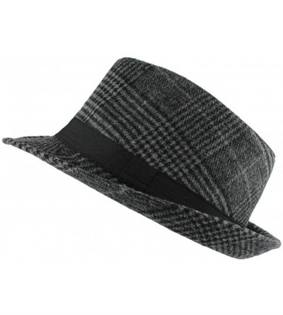 Fedoras Unisex Short Brim Wool Fedora Hat Plaid Trilby Hat Classic Jazz Cap - Black - CR18R3R228W $37.88