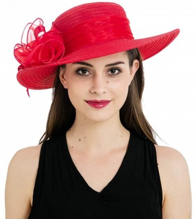 Sun Hats Women's Organza Wide Brim Floral Ribbon Kentucky Derby Church Dress Sun Hat - Red - CD17XWAQ3A3 $19.01