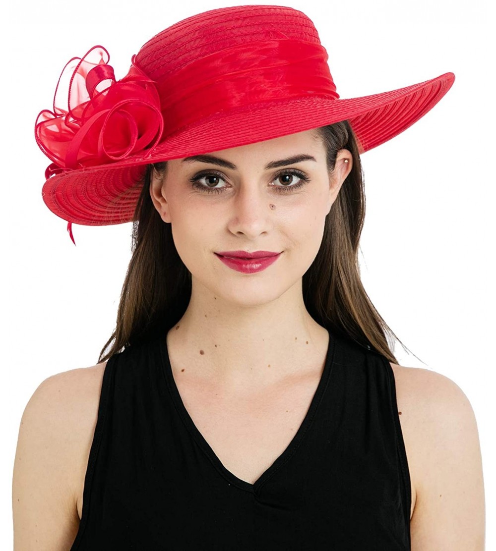 Sun Hats Women's Organza Wide Brim Floral Ribbon Kentucky Derby Church Dress Sun Hat - Red - CD17XWAQ3A3 $19.01