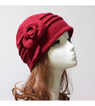 Skullies & Beanies Women 100% Wool Felt Round Top Cloche Hat Fedoras Trilby with Bow Flower - A3 Khaki - CZ185AGNI4R $15.28