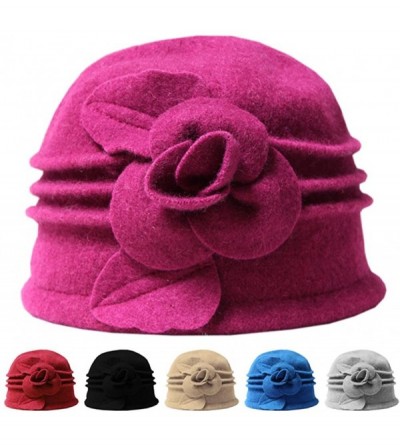 Skullies & Beanies Women 100% Wool Felt Round Top Cloche Hat Fedoras Trilby with Bow Flower - A3 Khaki - CZ185AGNI4R $15.28
