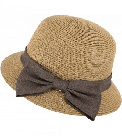 Sun Hats Women's Wide Brim Straw Sun Hat w/Large Decorative Bow and Drawstring - Brown - CF18CHSQM37 $17.61