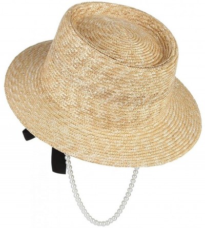 Sun Hats Women Straw Fedora Sun Hat Adjustable Summer UV Protection Hat Travel Sun Hat with Pearl Chin Strap - Beige - CZ18RC...