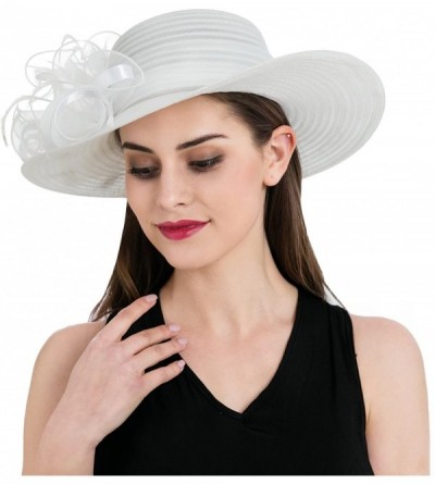 Sun Hats Women's Organza Wide Brim Floral Ribbon Kentucky Derby Church Dress Sun Hat - White - CY17Y0K96HU $18.24
