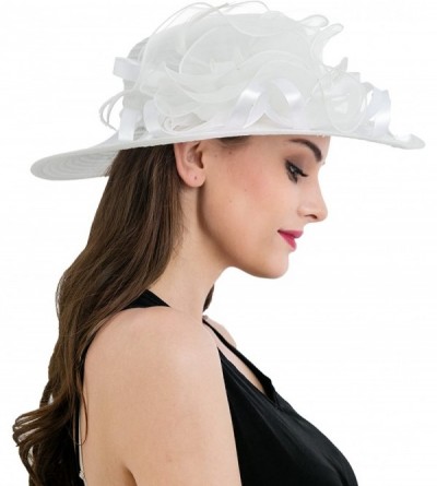 Sun Hats Women's Organza Wide Brim Floral Ribbon Kentucky Derby Church Dress Sun Hat - White - CY17Y0K96HU $18.24