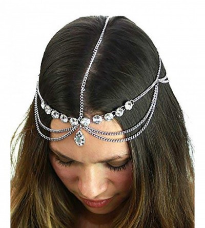 Headbands Women's Bohemian Fashion Head Chain Jewelry - Pear Cut Rhinestone Charm- Silver-Tone - Silver-Tone - CP11SOBKZSB $9.87
