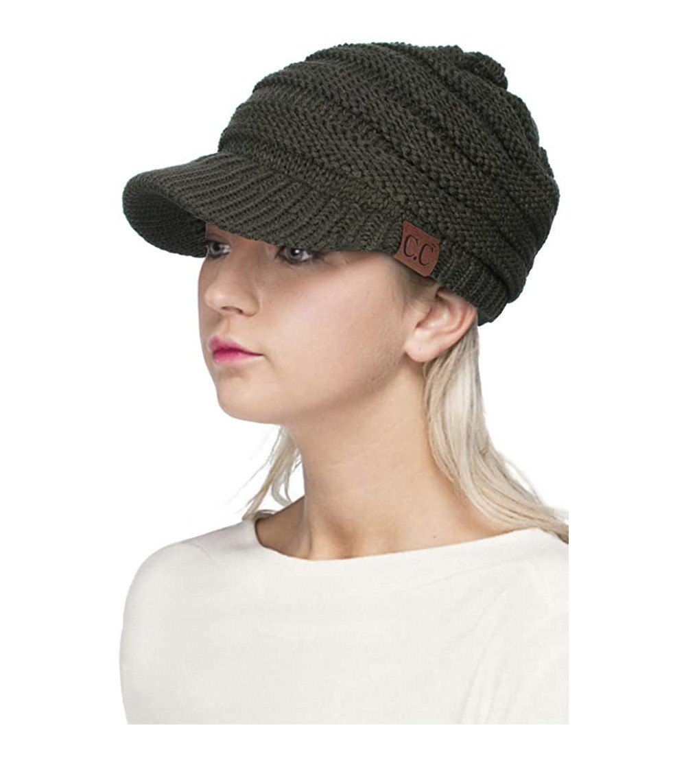 Skullies & Beanies Exclusive Brim Visor Trendy Warm Chunky Soft Stretch Cable Knit - Olive - CE12822XIXF $15.86