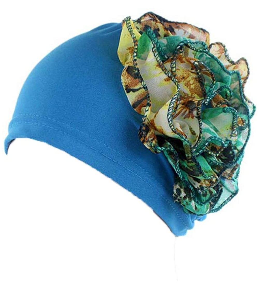 Skullies & Beanies Women Flower Elastic Turban Beanie Wrap Chemo Cap Hat - Blue - C712NABRJBK $12.83