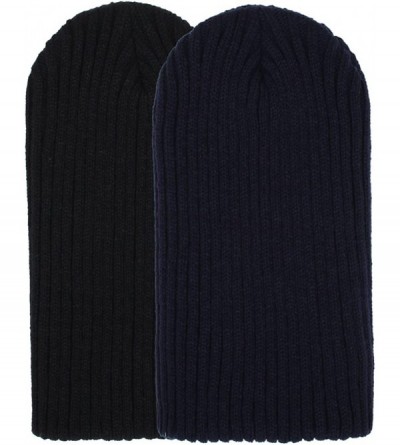 Skullies & Beanies 2 Pack Solid Color Blank Long Cuff Daily Stretch Knit Winter Beanies - Black & Navy - CA11NVE66X9 $18.48