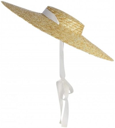 Sun Hats Women Vintage Boater Straw Hat Wide Brim Flat Top Floppy Derby Straw Hat Beach Sun Hats with Chin Strap - White - CA...
